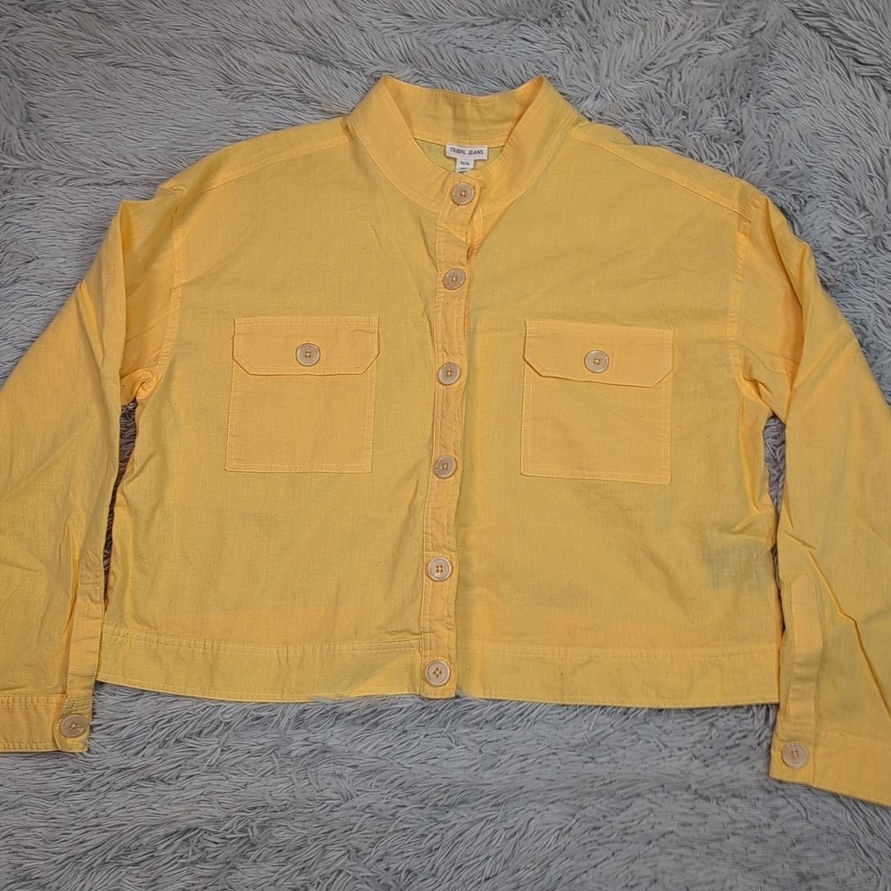 Tribal Shirt Womens XL Yellow Linen Blend Semi Sheer‎ Button Up Lightweight